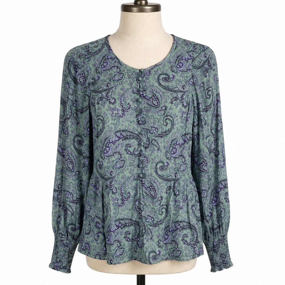 Rebecca Taylor‎ Tailored Silk Paisley Blouse Womens 8 Green Purple Button...